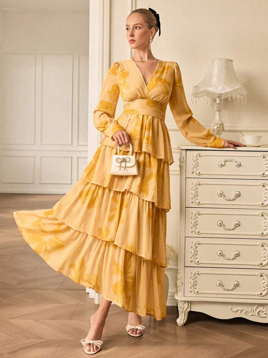 Chiquease Đầm xòe xếp tầng cổ chữ V tay dài bằng vải voan họa tiết cọ thanh lịch/In ngẫu nhiên - Màu vàng - Xem 1