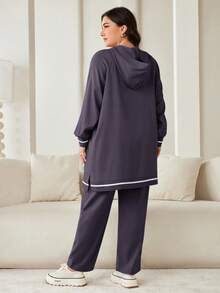 Veilorie 2 Pieces Set Plus Size Solid Color Hooded Sweatshirt And Pants 2 Pieces Set - Purple - View 2