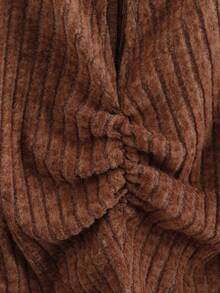 GlowEve CURVE Plus Size Women Casual Versatile Striped Knit Crew Neck Long Sleeve Ruched Waist Slit Top - Brown - View 5