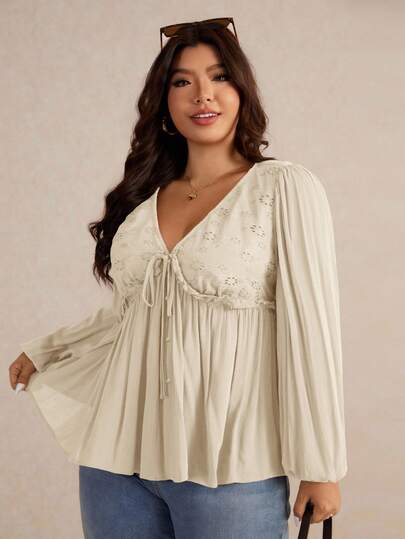 Elaquor Plus Size Women Embroidered Hollow Front Tie Pleated Lantern Sleeve Fashionable Blouse