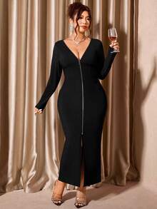 Cravure Váy dệt kim dài tay cổ chữ V có khóa kéo gợi cảm lấy cảm hứng từ Y2K dành cho nữ cỡ lớn cho mùa thu đông - Váy ôm sát, thanh lịch với viền xẻ tà - màu đen - Xem 7