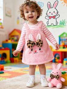 SHEIN Baby Girl Cute Pink Striped Plush Sleeveless Dress Outfit,Winter Long Sleeve T-Shirt Rabbit Embroidery Set,Back To School Matching Family Outfit - Pink - View 1