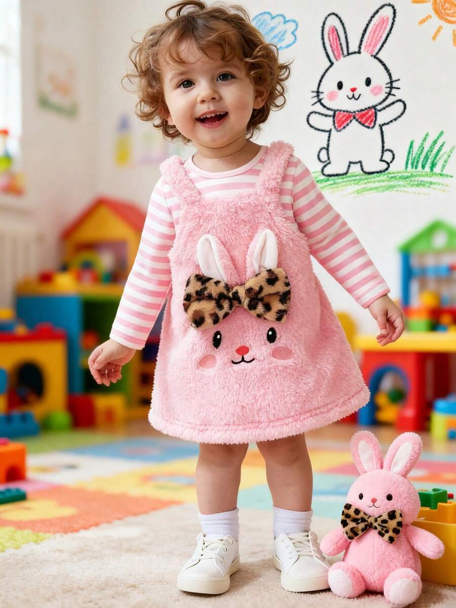 SHEIN Baby Girl Cute Pink Striped Plush Sleeveless Dress Outfit,Winter Long Sleeve T-Shirt Rabbit Embroidery Set,Back To School Matching Family Outfit - Pink - View 1
