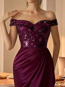 Coutiva Vestido de noche formal de mujer con hombros descubiertos, bajo de cola de pez y parches de lentejuelas elegantes - Rojo violeta - Ver 1