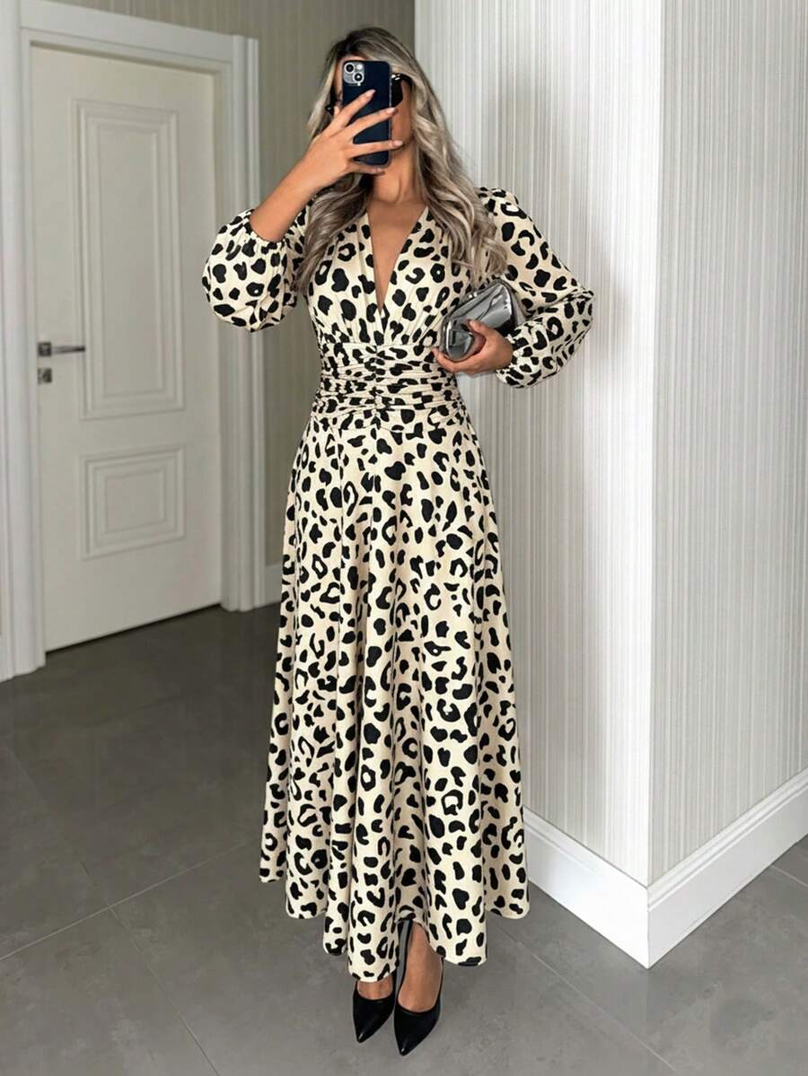 EURMUSE Leopard Print Long Sleeve Short Dress - Multicolor - View 1