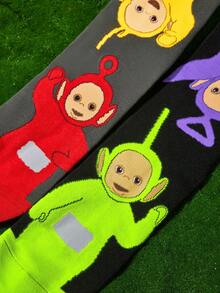 Teletubbies X SHEIN 2Pairs Soft & Breathable Moisture-Wicking Casual Men Mid-Calf Socks With Cartoon Pattern Fashionable Cute Grey & Black Crew Socks Reinforced Toe & Heel For Durability Unisex Women All Season All-Match Summer Winter