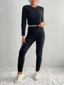 Chiquease Bộ đồ lót giữ nhiệt bằng vải nỉ dày màu trơn 2 món cho nữ (có lót giữ nhiệt), Thu/Đông, Bộ trang phục cho nữ - màu đen - Xem 3