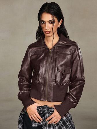 Grunge Punk Vintage Street-Style Biker Jacke aus abgenutztem PU für Frauen