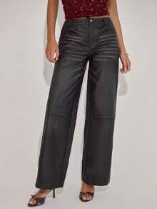 SHEIN BAE Quần ống đứng túi thời trang đường phố dành cho nữ - màu đen - Xem 4