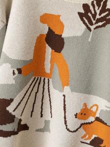 SHEIN Áo khoác cardigan xanh lá cây đa năng cho bé gái tuổi teen với họa tiết hoạt hình jacquard dễ thương - Áo len dệt kim dài tay cổ tròn mềm mại, nhẹ nhàng kiểu mới dành cho bé gái, thích hợp mặc hàng ngày và mùa thu/đông - Màu be - Xem 5