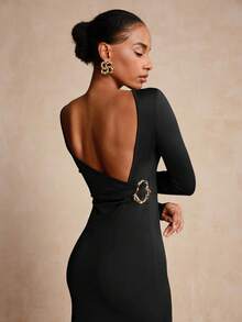 Vesra Vestido de punto ajustado con decoración metálica en la espalda para mujeres, para fiestas y reuniones - Negro - Ver 2