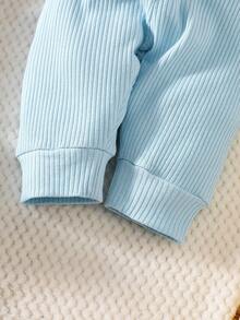 SHEIN 新生男宝宝白坑图案卡通恐龙图案印花拼接绿口袋长袖上衣配绿裤两件套可爱休闲运动时尚新品 - 藍色 - 查看 4