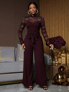 Lunelith SHEIN Lunessa Bộ đồ liền thân ren tương phản thanh lịch dành cho nữ - Màu Đỏ Sâu - Xem 3