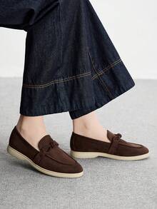 CUCCOO BIZCHIC 女士时尚咖啡色绒面革蝴蝶结设计舒适休闲乐福鞋，适合通勤、户外、旅行、购物、工作、日常穿着 - 咖啡棕 - 查看 9