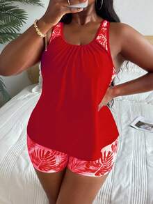 SHEIN Swim Lushore Đồ bơi Tankini in họa tiết ngẫu nhiên cỡ lớn dành cho nữ có dây đeo có thể điều chỉnh - Đỏ - Xem 5