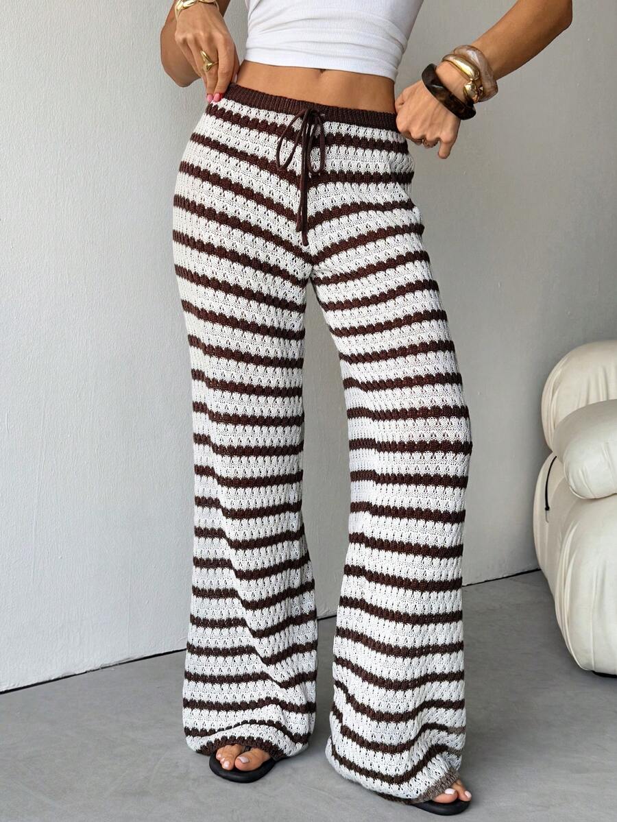 SHEIN Tall Striped Pattern Knotted Casual Versatile Wide Leg Knit Pants - Brown - View 1