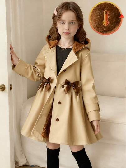 Young Girl' Khaki Bow Woven Fabric Hoodie Jacket With Plush Lining, Cute Casual Daily Wear