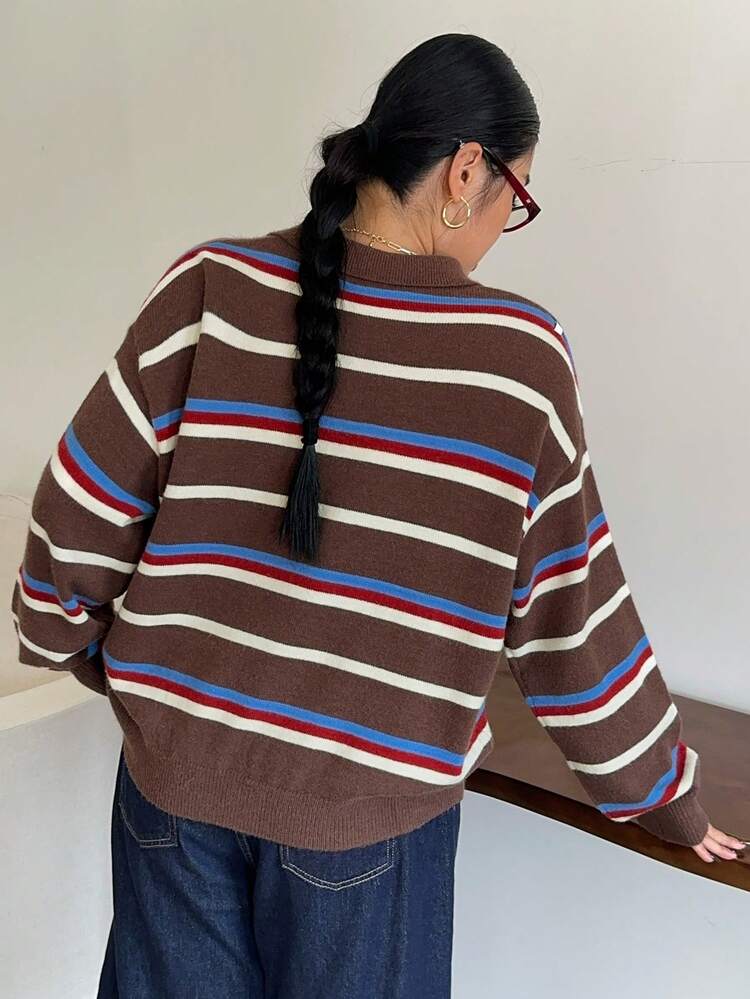 Dazy Plus Fashionable Striped Color Block Polo Collar Loose Street Style Plus Size Women Pullover Sweater, Autumn/Winter