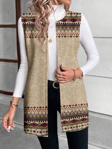 SHEIN LUNE Chaqueta regular de mujer de punto con patrón geométrico elegante y casual, versátil para otoño/invierno - Multicolor - Ver 3