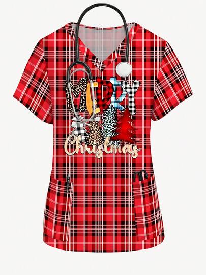 PopScrub 圣诞节快乐圣诞树格子全印花红色V领短袖女式磨砂制服上衣