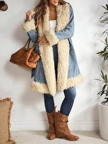 EMERY ROSE Women's Fashionable Fuzzy Patchwork Denim Jacket, Autumn/Winter - Blue - View 10