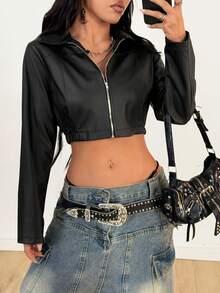 SHEIN PETITE Jaqueta Curta Preto Com Zíper, Estilo Casual De Rua Para Mulheres, Outono/Inverno, 1 Peça