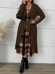 EMERY ROSE Plus Size Women Plaid Slip Dress + Asymmetrical Ribbed Cardigan 2-Piece Set, Casual Outerwear For Autumn/Winter Fall - Multicolor - View 5