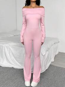 青少年女孩休闲百搭运动街头风露肩长袖喇叭裤连体裤 - 粉色 - 查看 3