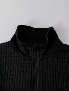 Explorewe 2pcs/Set Tween Boys' Black Casual Patchwork Textured Knit Jacket Coat & Jogger Pants Set, Practical Outfit Combining Relaxed Yet Refined Style, Soft Fabric Provides Comfortable Wear, Suitable For Autumn/Winter - Black - View 6