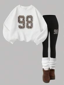 SHEIN Girlism Bộ 2 món áo nỉ cổ tròn in số 98 và quần legging thể thao thường ngày cho bé gái tuổi teen, bộ áo nỉ cổ tròn dài tay thoải mái và quần bó 2 món, phù hợp cho mùa thu/đông - Đen và trắng - Xem 8