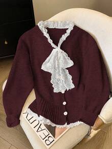 Franclia 时尚博主风系带宽松针织开衫，别致欧式风情 - 紫紅色 - 查看 7