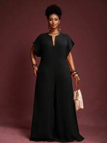 Veslaya Bộ đồ liền thân ống rộng tay ngắn cổ chữ V màu sô cô la thanh lịch mới 2025, cỡ lớn dành cho nữ, mùa hè - màu đen - Xem 6