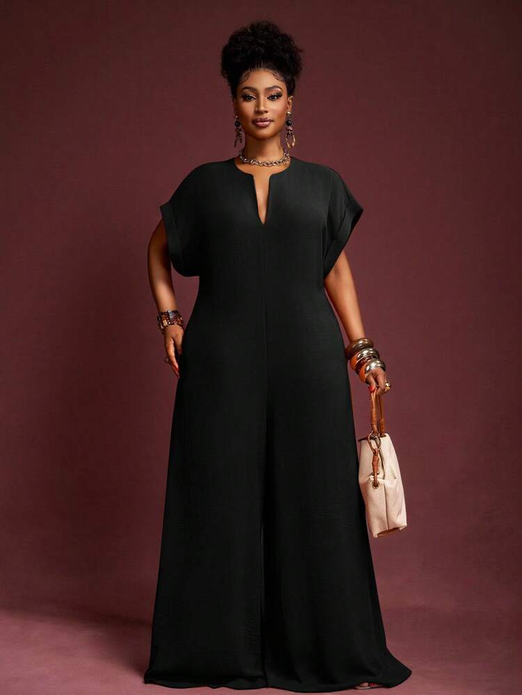Veslaya 2025 New Vintage Elegant Chocolate V-Neck Short Sleeve Wide Leg Jumpsuit, Plus Size Women, Summer - Black - View 6