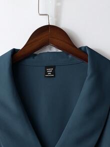 Modelyn Plus Size Solid Color Shawl Neck Long Sleeve Top And Elastic Waist Straight Leg Pants 2 Pieces Set - Blue - View 4