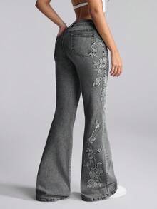 SHEIN PETITE Quần jeans ống loe thêu hoa thường ngày dành cho nữ - Xám - Xem 2