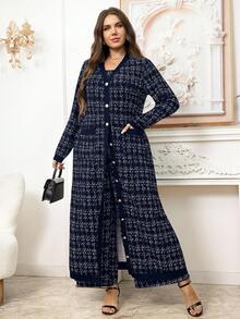 SHEIN Clasi Bộ đồ liền thân ống rộng không tay họa tiết kẻ caro cỡ lớn dành cho nữ, mùa thu, áo khoác kim loại một hàng khuy dài - Màu xanh hải quân - Xem 5