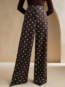 Anewsta 城市通勤波尔卡圆点高腰垂坠休闲女式西装裤，适合春季、夏季、节日、假日、度假、优雅、商务休闲 - 棕色 - 查看 5