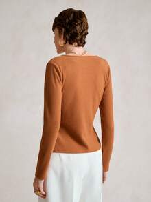 SHEIN Stylify 2025 Herbst Neuankömmling waschbare Merinowolle Überlappung V-Ausschnitt Strickpullover für Frauen, elegantes Design, modische Pendlerkleidung, Winterunterwäsche, geeignet für Familienfeiern, Weihnachten, Halloween, Valentinstag, Neujahr - Braun - Übersicht 4