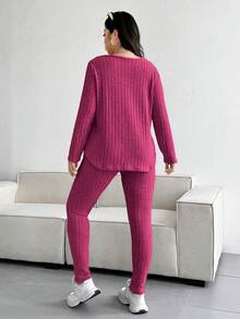 Vionelle Plus Size Solid Color Textured V-Neck Top And Pants Set Fall - Hot Pink - View 3