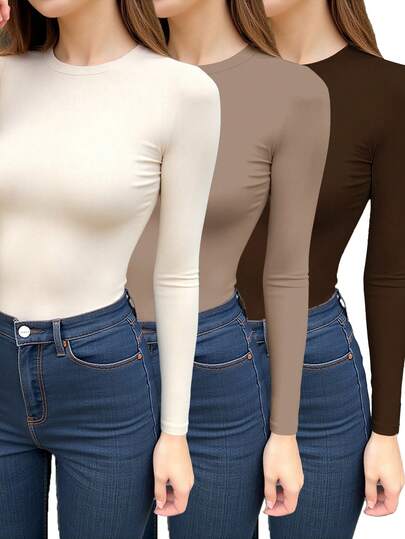 INAWLY Set de 3 camisetas de manga larga de cuello redondo ajustadas de unicolor para mujer