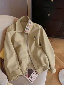 Airaco 休闲宽松拉链撞色图案印花长袖夹克 - 卡其色 - 查看 4