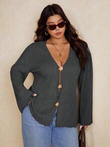 Elaquor Plus Size Women Elegant Floral Metallic Decor Deep V-Neck Loose Flare Sleeve Jacket, Autumn/Winter