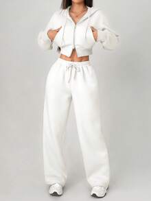 SHEIN PETITE Casual Solid Color Hoodie And Sweatpants Set - White - View 5