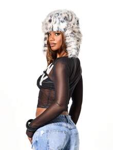 SUMWON WOMEN Sheer Mesh Long Sleeve Crop Top With Bold Statement Print For Night Out Party - Black - View 2