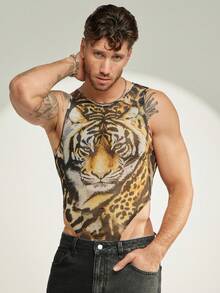 FeverCity Mono sin mangas con cuello redondo y estampado de cabeza de tigre para hombre - Multicolor - Ver 3