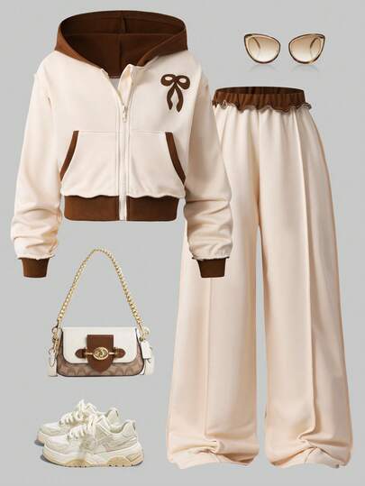 Sparklyn Tween 女童蝴蝶印花拼色长袖拉链连帽衫和阔腿裤休闲装