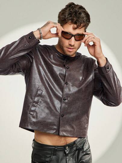 FeverCity Men's Versatile PU Leather Slant Pocket Button Front Jacket