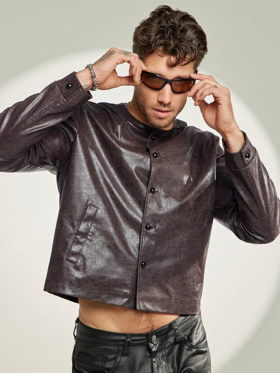 Men's Versatile PU Leather Slant Pocket Button Front Jacket - Black - View 1