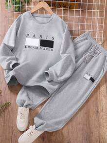 2pcs/Set Teenage Boys Casual College Style Graphic Print Crew Neck Pullover Sweatshirt And Drawstring Pants Outfit, Suitable For Autumn/Winter Leisure, Daily, Commuting, Sports Occasions