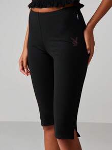 Missguided x Playboy Rhinestone Logo Capri Leggings With Studded Embellishment Details High Waisted Stretch Pants - Black - View 6